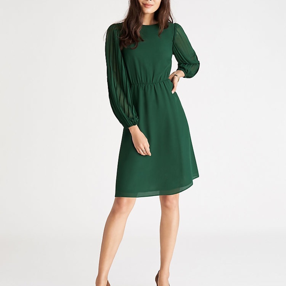 Ann Taylor Petite Pleated Sleeve Flare Dress Boxwood Green Size 6P